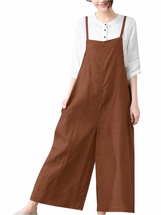 Yesno Pants - YESNO Brown Cotton Wide Leg Halter Jumpsuit Pockets Size Large NWT